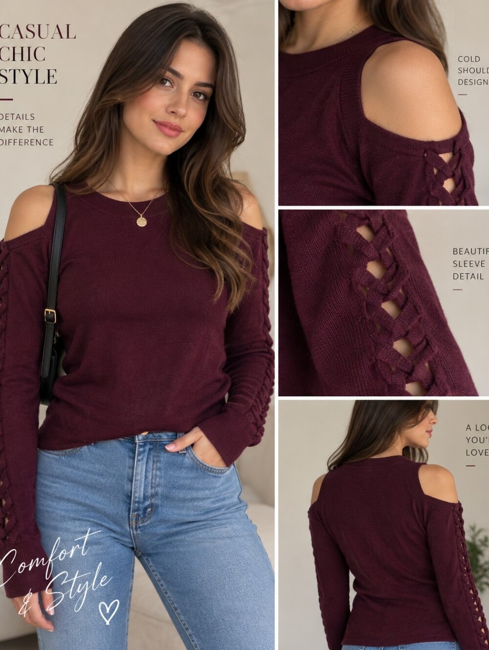 Pink Republic Burgundy Cold-Shoulder Lace-Up Sleeve Sweater